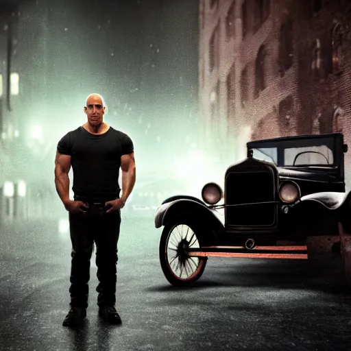Image similar to very closeup photo of vin diesel as tommy angelo standing near ford model t, chicago 1 9 3 0, night, volumetric lighting, ultra realistic, highly detailed, cinematic, art by jan urschel and neil blevins