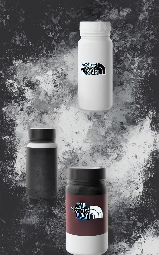 Prompt: the north face high tech dietary supplement bottle filled with dense white liquid, round bottle, black top, concept art, matte, sharp focus, illustration, art by aenaluck,