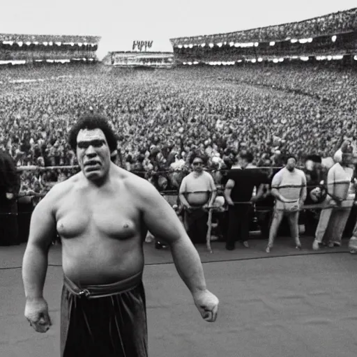 Prompt: andre the giant standing in the middle of the ring at wrestlemania, andre is 1 7 feet tall