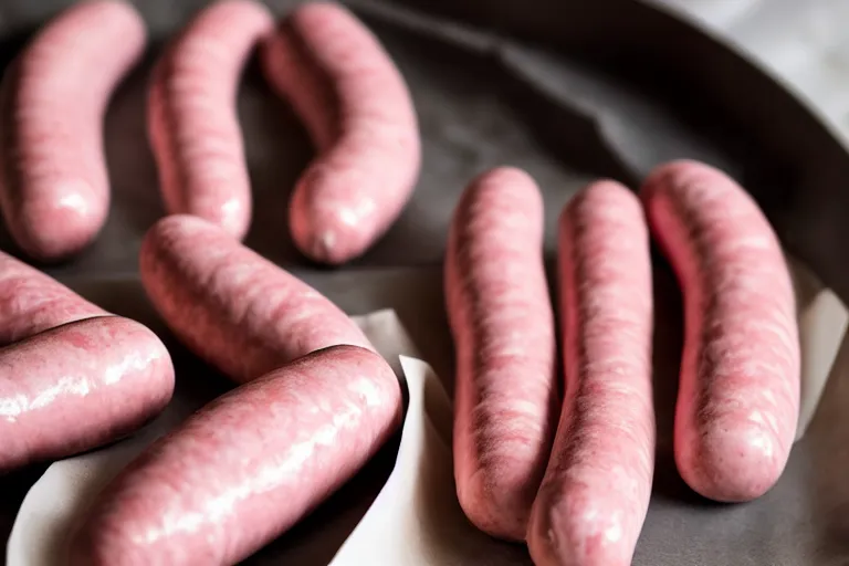 Prompt: cream filled and pink frosted uncooked sausages, studio lighting, photorealistic