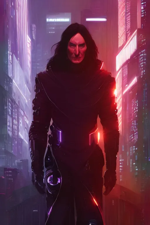 Image similar to portrait of cyborg severus snape in cyberpunk, neon lighting, night city, digital art from artstation by Ruan Jia and Mandy Jurgens and Artgerm and william-adolphe bouguereau and Greg Rutkowski