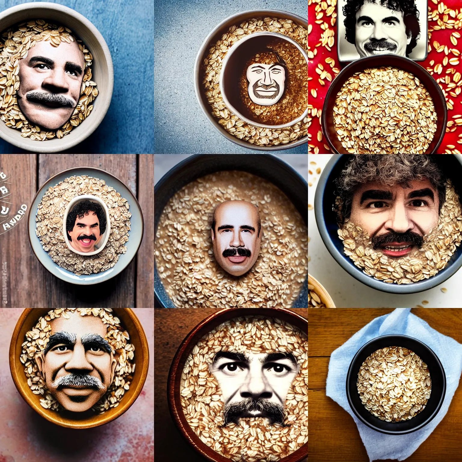 Prompt: a bowl of oats with the face of john oates in it, john oates face, macro shot