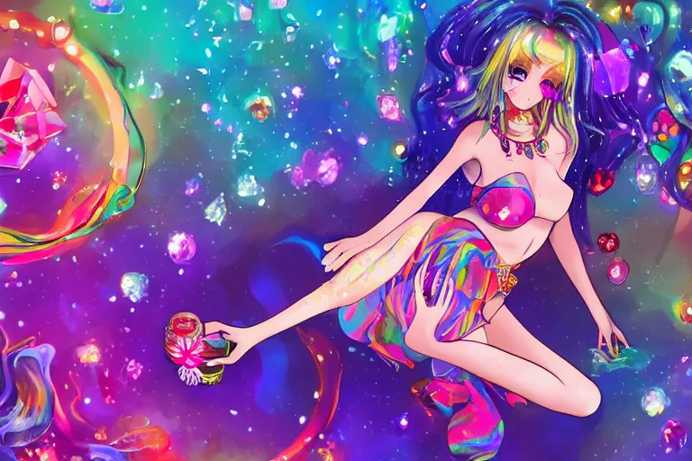 Image similar to psychedelic, whimsical, anime, 4k, beautiful lusty woman smoking a bong, with professional makeup, long trippy hair, a crystal and flower dress, sitting on a reflective pool, surrounded by gems, underneath the stars, rainbow fireflies, trending on patreon, deviantart, twitter, artstation, volumetric lighting, heavy contrast, art style of Ross Tran and Miho Hirano and Ilya Kuvshinov