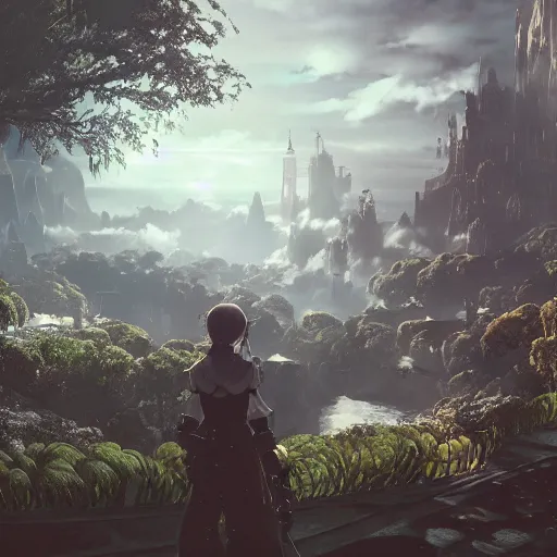 Image similar to kodak portra 8 0 0, infinitely detailed hd scenery ambience from nier automata, dream design, relief concept, majestic dream scenery detailed magic