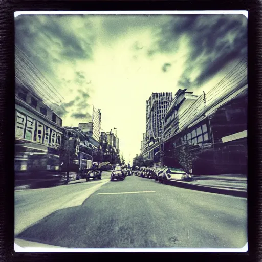 Prompt: instant photograph of the sky, polaroid, raw, beautiful, nostalgic, light leak, night, clouds, city