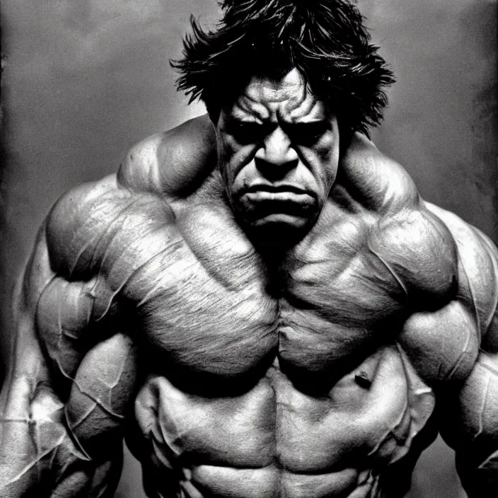 Image similar to a color photo portrait of the incredible hulk looking angry in new york city by richard avedon dramatic lighting.