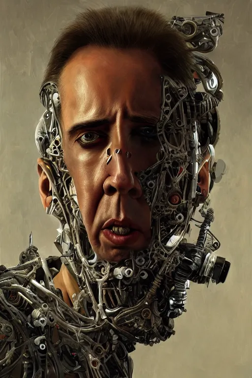 Image similar to Nicolas Cage as biomechanical cyborg intricate, smooth, artstation, painted by Hans Giger