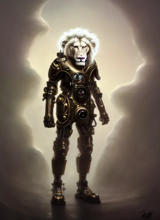 Image similar to an anthromorphic male white lion in a steampunk cybersuit, diffuse lighting, fantasy, highly detailed, photorealistic, digital painting, artstation, illustration, concept art, smooth, sharp focus, in the style of tom bagshaw