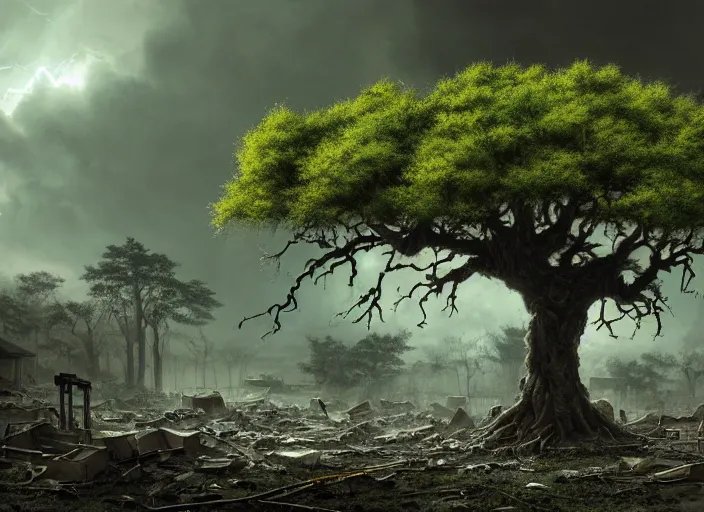 Prompt: oak tree growing in the rubble of a post - apocalypse city wasteland, gray dull background, vibrant colorful green leaves, hyperrealistic, very detailed leaves, sharp focus, highly detailed, cinematic, ray of golden sunlight, digital art, soft lightning, muted colors, cgstation, artstation, oil painting by greg rutkowski, by artgerm, by wlop