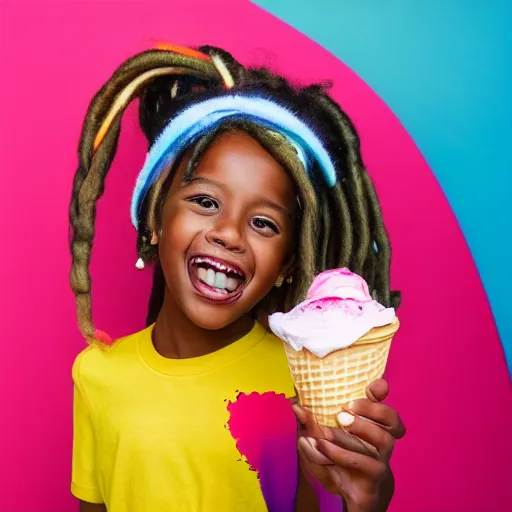 Prompt: photo of a little 👧🏾 girl with dreads eating ice cream smiling, sitting on top of a rainbow, 35mm photo, high quality, 4K, 8K, realistic, perfect eyes, perfect face, beautiful, detailed, 8k resolution, Kodak 35mm