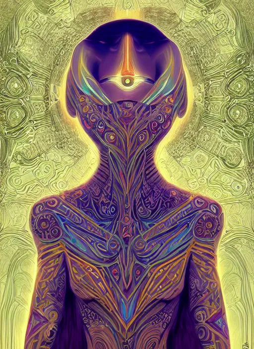 Image similar to portrait of a future metaverse ayahuasca tech shaman warrior, 2 d cartoon, visionary art, symmetric, magick symbols, holy halo, shipibo patterns, sci - fi, concept art, trending on art station, 8 k digital art, by mandy jurgens, fantasy portrait art, anime