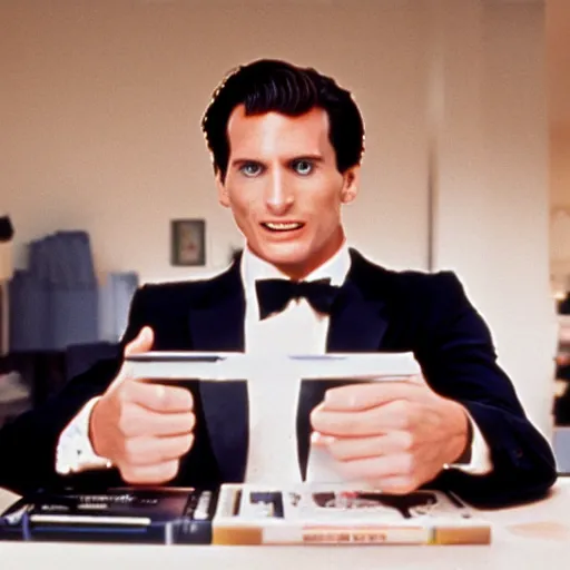 Prompt: A photograph of Patrick Bateman returning some videotapes