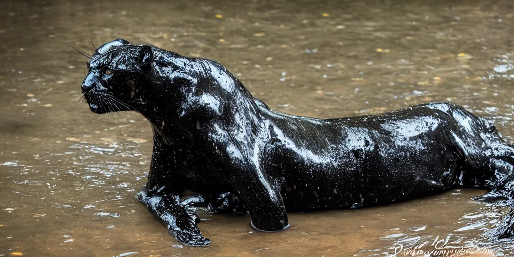 Image similar to the smooth black jaguar, made of smooth black goo, bathing in the tar moat in the zoo exhibit, viscous, sticky, full of tar, covered with black goo, splattered tar, dripping tar, dripping goo, splattered goo, sticky tar. photography, dslr, reflections, black goo, zoo, exhibit