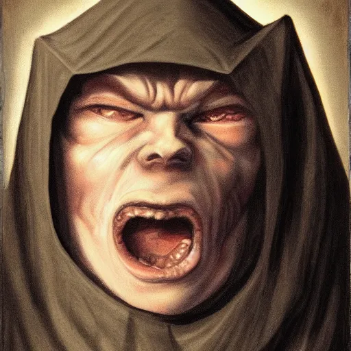 Prompt: portrait of a small pale cowardly man wearing dark hood, scared look, fantasy artwork, high fantasy