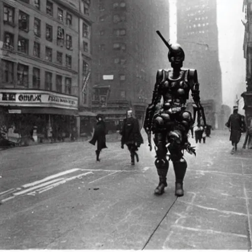 Prompt: old black and white photo, 1 9 1 3, depicting dieselpunk combat cyborg walking through the bustling streets of new york city, historical record
