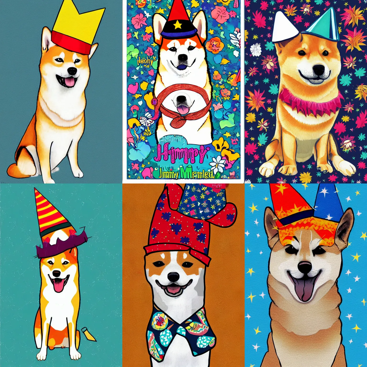 Prompt: Shiba Inu illustration wearing a party hat, in the style of a jimmy hendrix poster