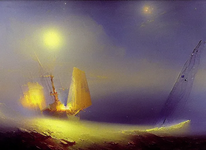 Prompt: a spaceship in a bottle, painting by Ivan Aivazovsky