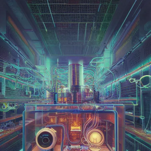 Image similar to an immaculate octane redshift render of the nexus between a vast modern computing center and an alchemist\'s lab with exposed circuit boards, nixie tubes and tesla coils by Zdzisław Beksiński and beeple, beautiful modern colors, ultradetailed, 4k ultra