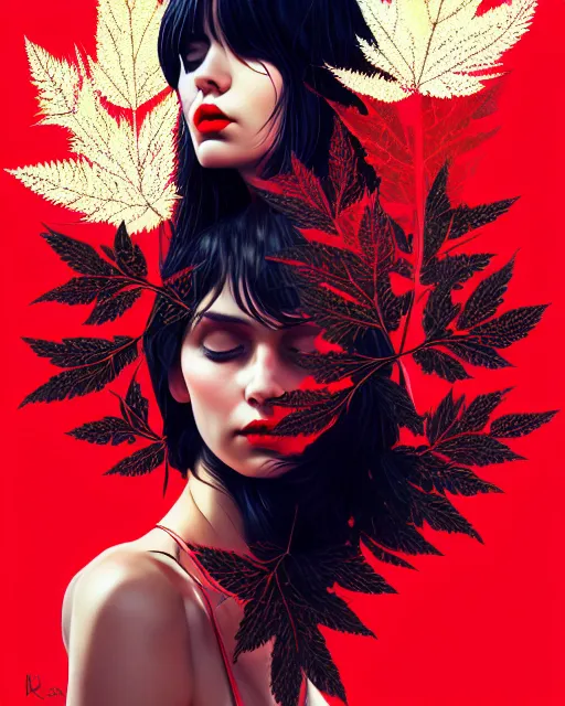 Image similar to highly detailed ugly hippie, black hair, flying leaves on backround, symmetrical, red lips, paint by ilya kuvshinov and anna dittman trending on artstation, intricate details, energetic composition, golden ratio, concept art, illustration, elegant art