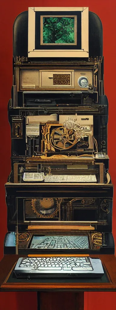 Prompt: An intricate steampunk computer painted by Rene Magritte