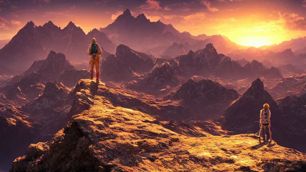 Prompt: someone standing at the peak of a mountain, enormous planet in the background, majestic, sunset, highly detailed, trending on artstation