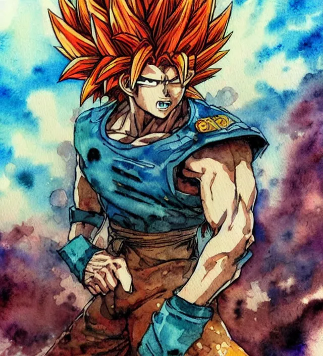 Image similar to a 3 / 4 view watercolor ink painting of super saiyan shaggy in the style of jean giraud in the style of yoji shinkawa in the style of moebius trending on artstation deviantart pinterest detailed realistic hd 8 k high resolution