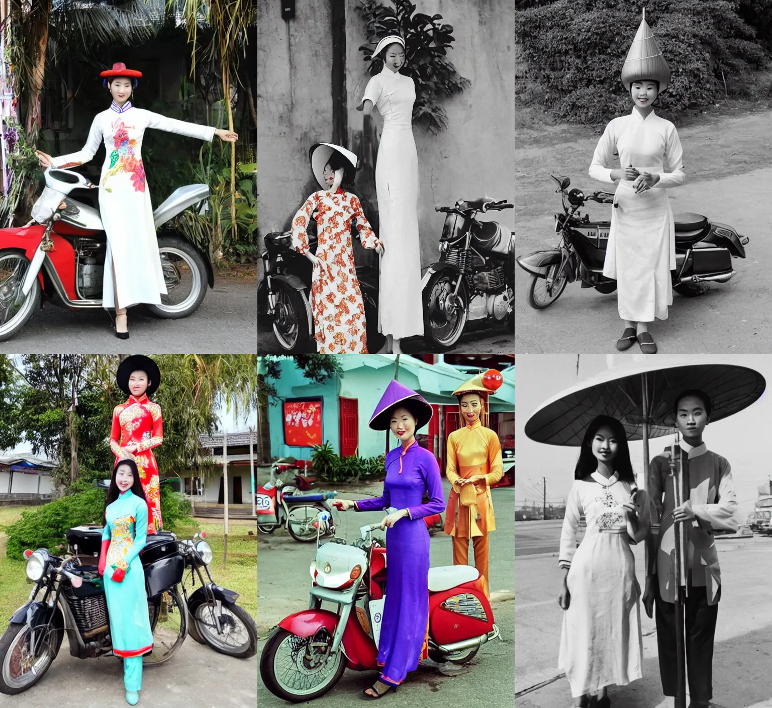 Prompt: a tall thin beautiful vietnamese girl in an ao dai dress. and a conical hat. standing in front of a motorcycle. retro art house.