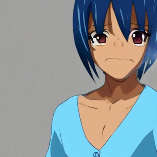 Image similar to a dark skinned anime tomboy with short spiky light blue hair