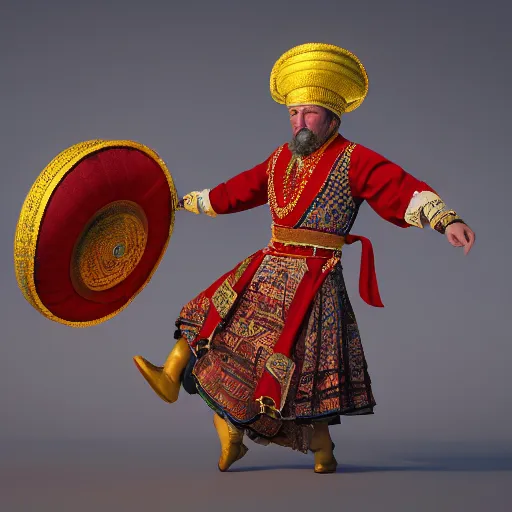 Image similar to cossack dancing on the turban of an ottoman sultan, realism, 4 k, octane render, award winning photograph