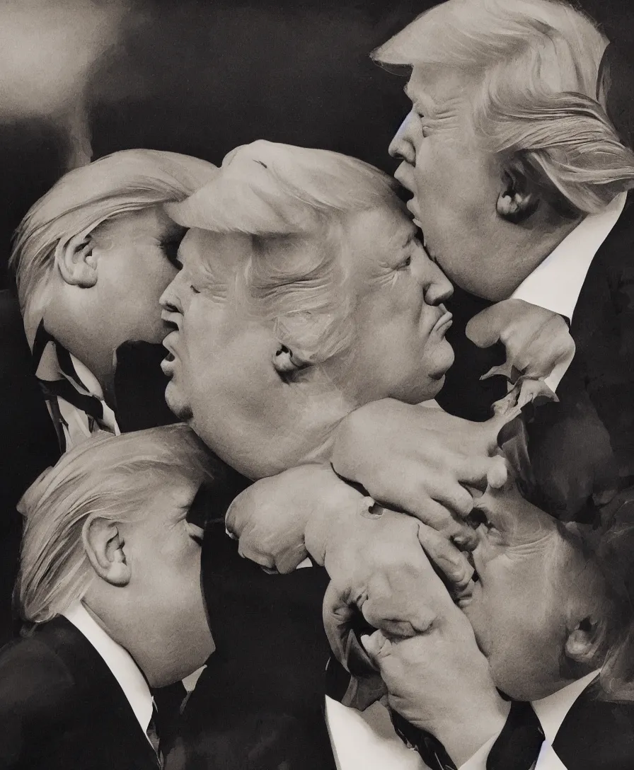 Prompt: beautiful portrait of donald trump kissing donald trump. hq