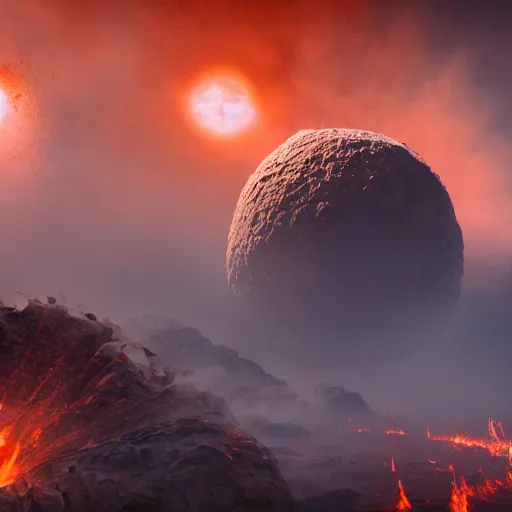 Image similar to moon crash into earth, armageddon, ruined city, realistic, burning sky, volcanic eruption, epic scale, dramatic lighting, 8k, post processing, trending on artstation, environment highly detailed