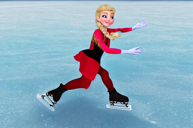 Image similar to elsa ice skating on a frozen lake, ultra detailed, photorealistic