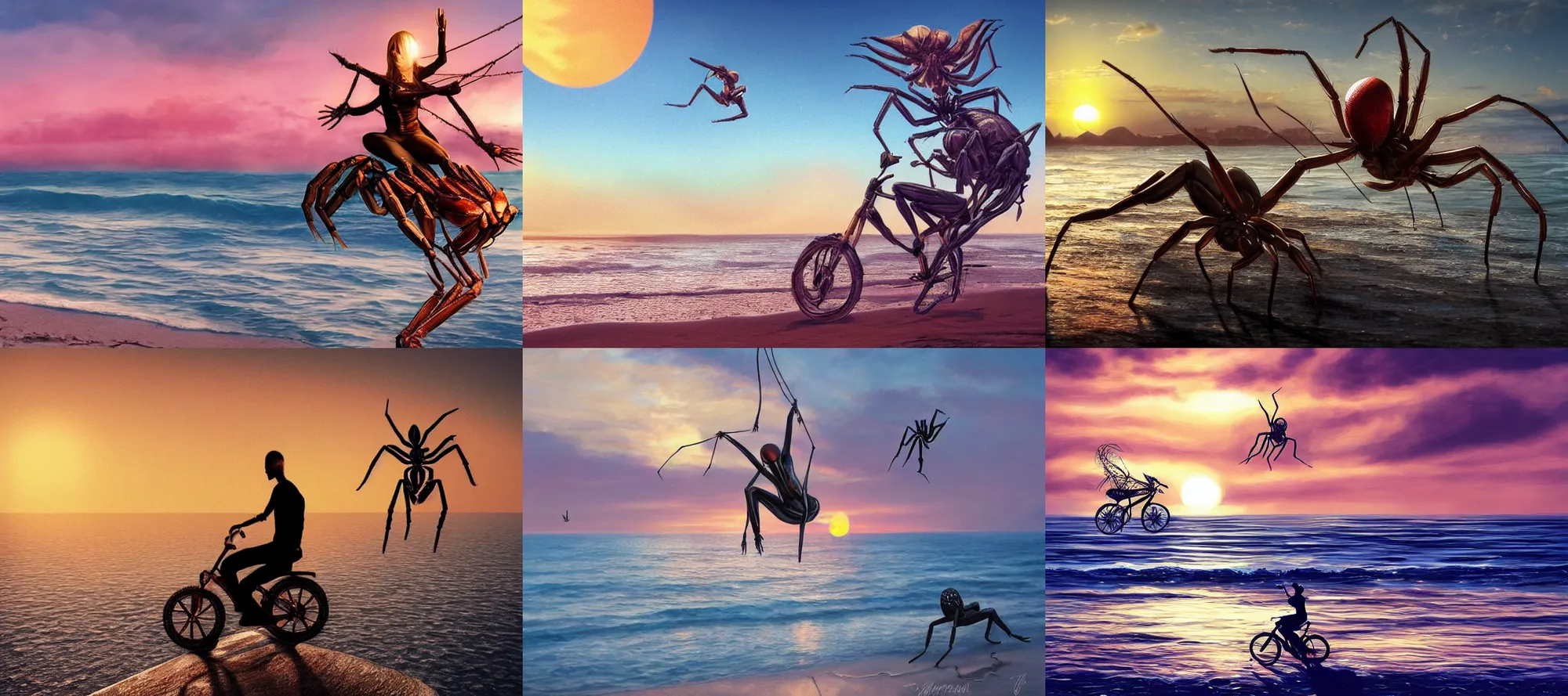 Prompt: A person riding a spider, near the sea, sunset, golden hour, hyper-realistic, very detailed, beautiful, trending on Artstation