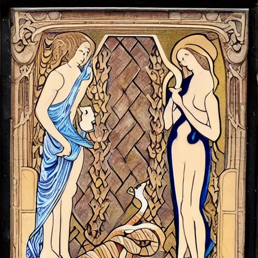 Prompt: Adam and Eve playing chess, while the serpent watches. Art nouveau