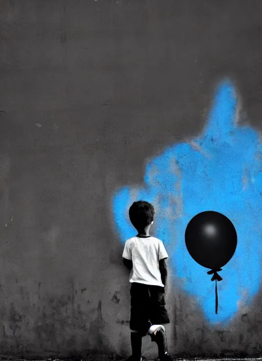 Image similar to a side profile of a black and white graffiti of boy holding a single graffitied blue balloon on a concrete background in the style of Banksy, graffiti, digital art