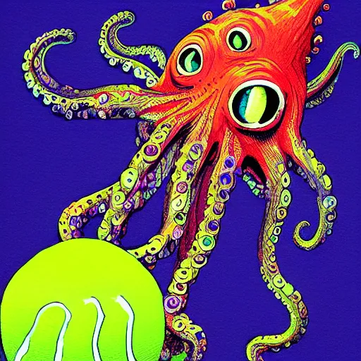 Image similar to a tennis ball monsters, octopus, colorful, digital art, fantasy, magic, trending on artstation, ultra detailed, professional illustration by basil gogos