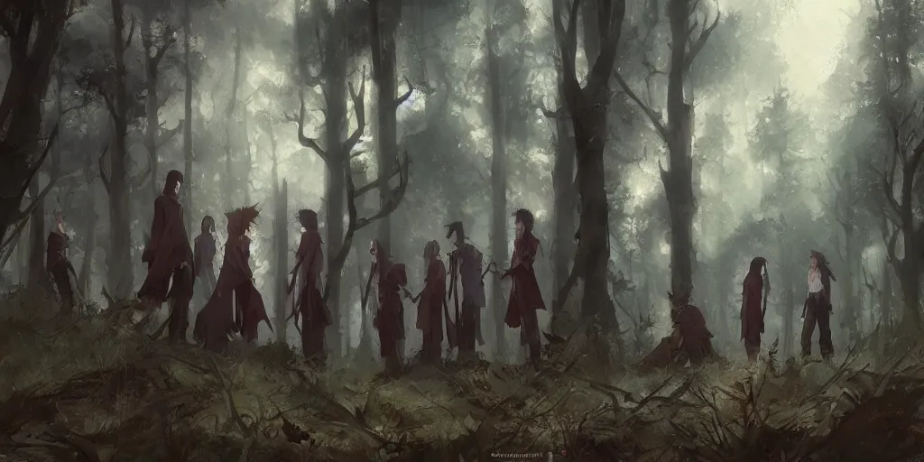 Image similar to group of vampires in the woods, hyperrealistic, trending on pixiv fanbox, painted by greg rutkowski makoto shinkai takashi takeuchi studio ghibli, akihiko yoshida