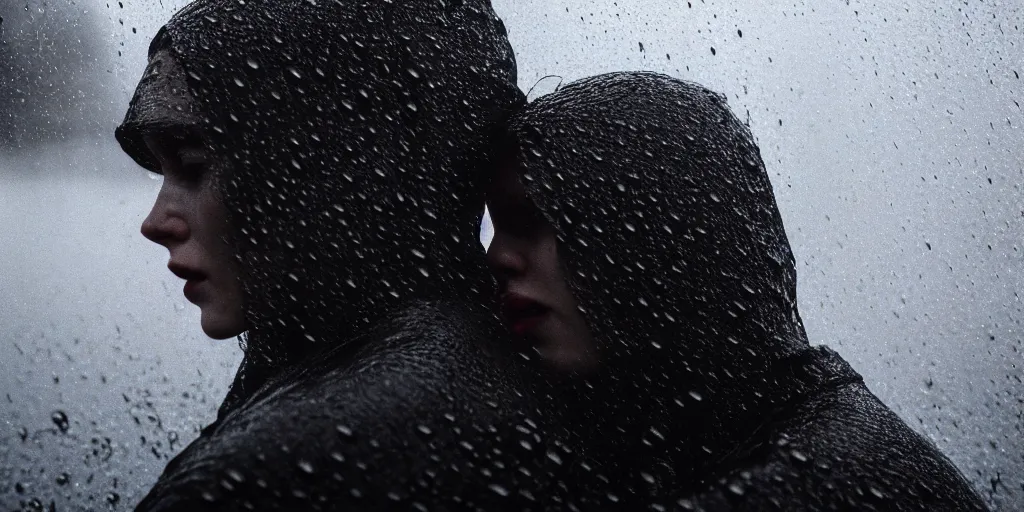 Image similar to cinestill 5 0 d candid photographic portrait by christopher nolan of two loving female androids sobbing wearing rugged black mesh techwear in treacherous waters, extreme closeup, modern cyberpunk moody emotional cinematic, pouring rain menacing lights shadows, 8 k, hd, high resolution, 3 5 mm, f / 3 2, ultra realistic faces, ex machina