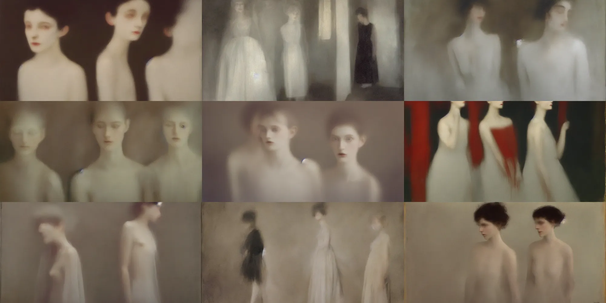 Prompt: out of focus photorealistic pale young women by sarah moon and jules joseph lefebvre, very blurry, translucent white skin, foggy