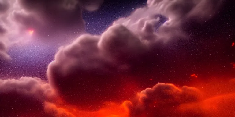 Image similar to throng of various alien flying shiny fish - like creatures, in the style of edwin salpeter. scene set in the upper atmosphere of jupiter. electrical storms. beautiful clouds. volumetric real lighting. real light and shadows. dim sun. astronomy. artstation, octane, real details, fog, 8 k, hd, warm red and orange shades.