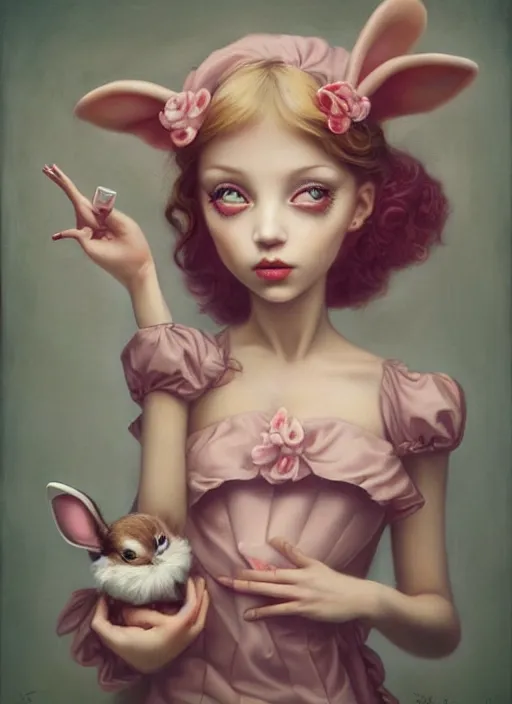 Image similar to pop surrealism, lowbrow art, realistic cute alice girl painting, holding a bunny, hyper realism, muted colours, rococo, natalie shau, loreta lux, tom bagshaw, mark ryden, trevor brown style,