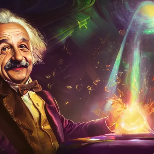 Image similar to portrait of albert einstein as willy wonka, league of legends amazing splashscreen artwork, fantasy, splash art, natural light, elegant, photorealistic facial features, intricate, fantasy, detailed face, atmospheric lighting, anamorphic lens flare, cinematic lighting, league of legends splash art, hd wallpaper, ultra high details by greg rutkowski