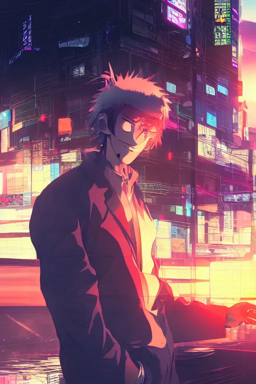 Prompt: beautiful anime man with grin on his face in a cyberpunk environment, sunset 8k