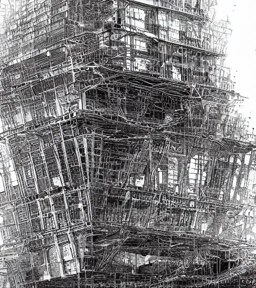 Prompt: tarkovsky scene, epic ancient tower of babylon below a woman in transparent cyber clothing, hyperrealistic, blame manga, full color, manga style, by tsutomu nihei, cyber architecture, intricate, concept art, hyper - detailed, smooth, masterpiece, epic, cinematic, high quality