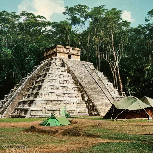 Image similar to mayan pyramids in a jungle next to a camp with tents, photorealistic, highly detailed, photo, cinestill