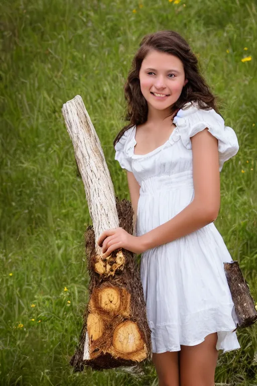 Image similar to a middle-school girl with unkempt wavy short brown hair wearing a white dress and holding a bundle of firewood, high resolution film still, 8k, HDR color, short hair