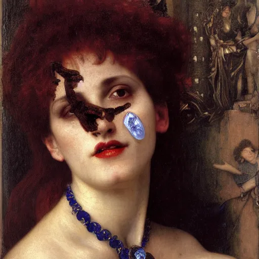 Prompt: a renaissance oil painting close shot face portrait by alma tadema of a demon vampire fangs beautiful woman touching neck, sapphire jewellery, colourful pastel, detailed academic bouguereau, sharp focus, high contrast studio lighting