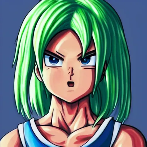 Prompt: hyper realistic drawing of bulma from dragonball z.