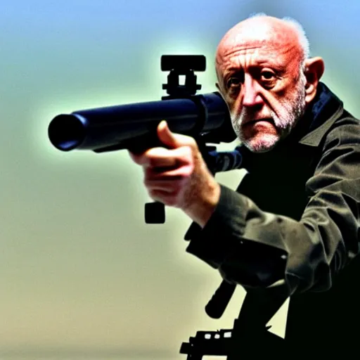 Image similar to Film still of Mike Ehrmantraut aiming with a !!!sniper rifle!!!, 4k, !!highly detailed!!