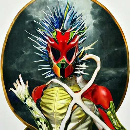 Image similar to a realistic painting by Raffaello Sanzi depicting the Kamen Rider Ichigo with the head of the symbiotic Venom in the Renaissance.